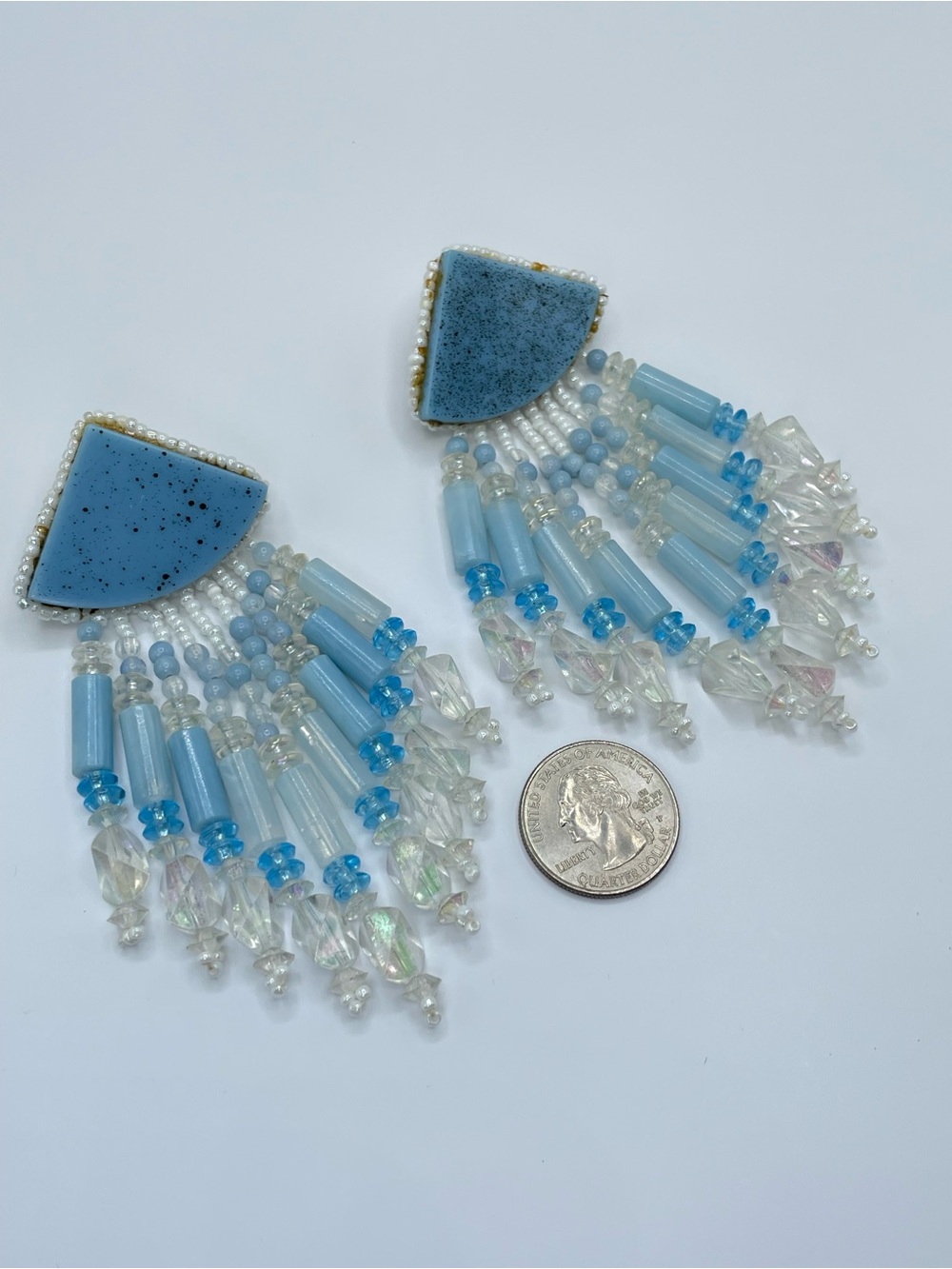 Blue White Beaded Fringe Statement Clip On Earrings Boho Festival